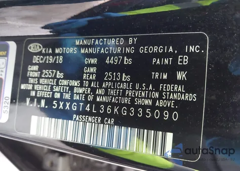 2019 Kia Optima S z USA, uszkodzony, nr VIN 5XXGT4L36KG335090